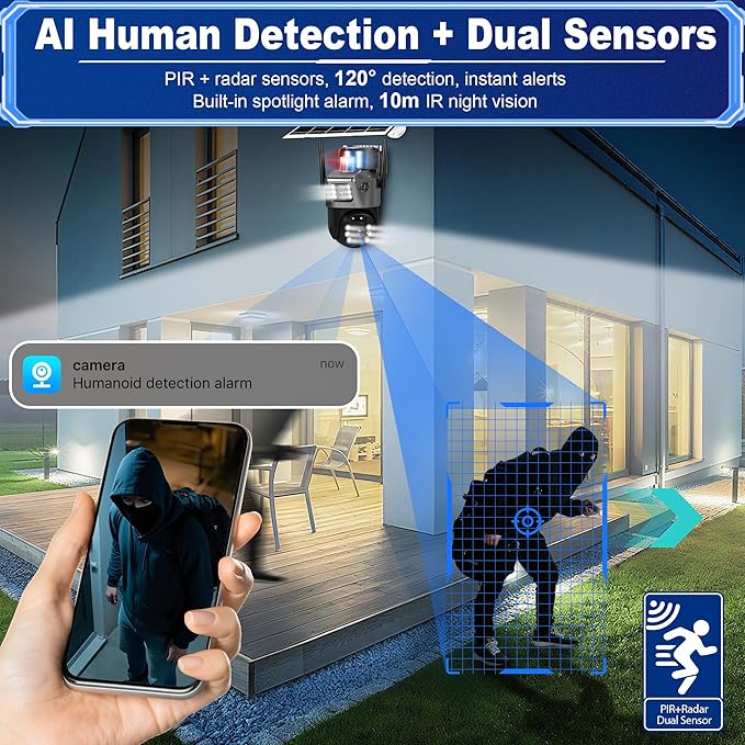 Solar Security Camera Outdoor Wireless WiFi-6MP HD, Color Night Vision,10X Zoom,AI Motion Detection,Two-Way Audio,Waterproof IP66,64GB SD/Cloud Storage,7.5W Solar Panel(4pack)