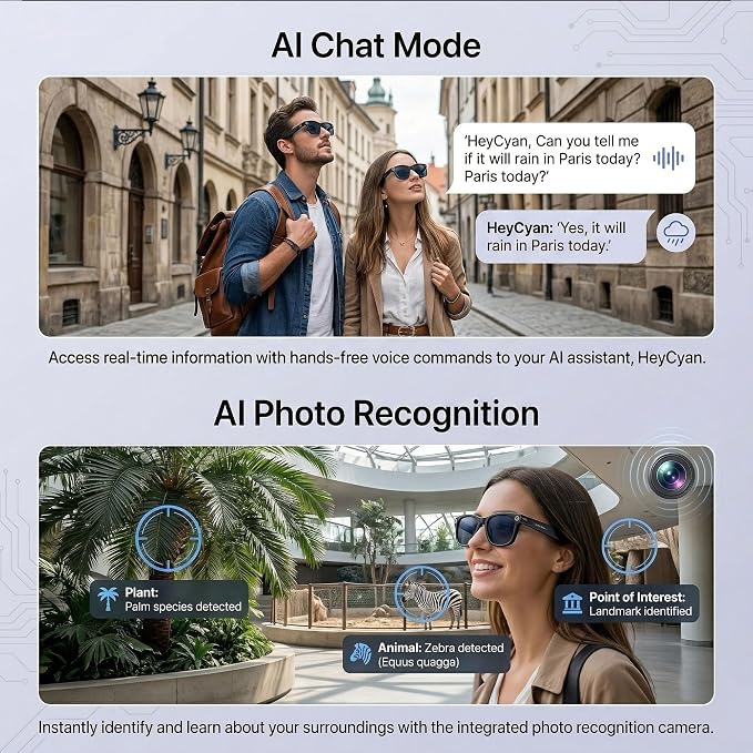 AI Smart Glasses with Camera, 1080P HD POV First-Person View Video Recording and Translator, AI Object Recognition, Bluetooth Audio, 290mAh Battery, Photochromic Lenses for Sports, Travel, Work