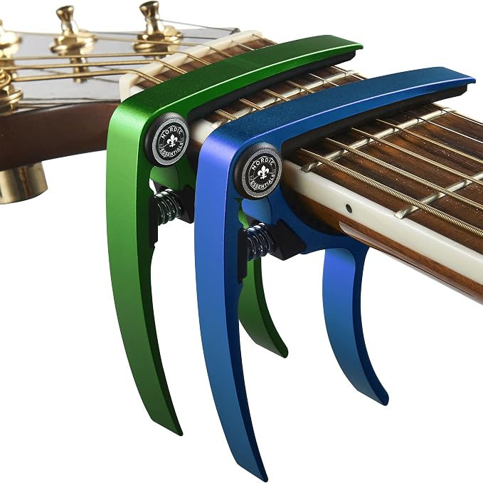 Guitar Capo (2 Pack) for Acoustic Guitars, Ukulele, Banjo, Mandolin, Bass - Made of Ultra Lightweight Aluminum Metal (1.2 oz!) for 6 & 12 String Instruments - Nordic Essentials (Green+Blue)
