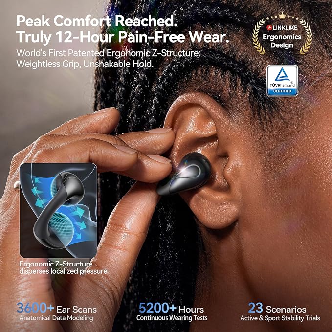 Linklike Most Comfortable Jewelry Open Ear Clip-on Earbuds with Zircon Earrings [All-in-One Storage] [Patented 0-Pressure] [Longest 70H Playtime] [Master-Tuned Hi-Res LDAC] Ideal Gift for Women, Gray