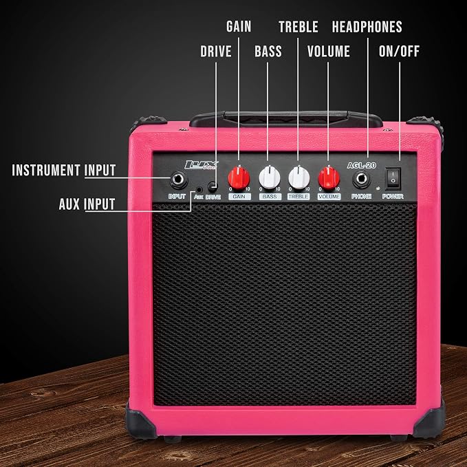 LyxPro Electric Guitar Amp 20 Watt Amplifier Built in Speaker Headphone Jack and Aux Input Includes Gain Bass Treble Volume and Grind - Pink