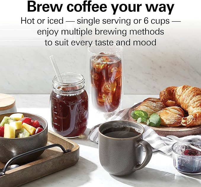 Hamilton Beach Home Barista 7-in-1 Small Coffee Maker with Seven Ways to Brew, 6 Cup Carafe, Drip, Single Serve, French Press, Pour Over, Cold Brew, Easy-Fill Reservoir, Black (46251)
