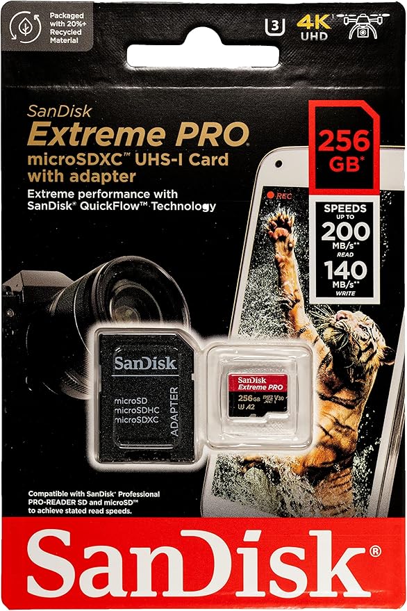 SanDisk microSDXC Extreme PRO 256GB Memory Card with Adapter Works with DJI Mini 4 Pro Action Drone (SDSQXCD-256G-GN6MA) A2 UHS-I U3 4k Bundle with 1 Everything But Stromboli MicroSD & SD Card Reader