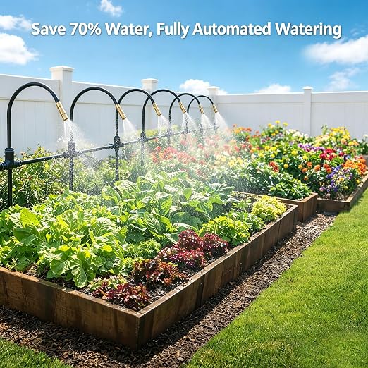 Bluepro Drip Irrigation System 200FT 1/4", 2026-Upgrade Garden Sprinkler Kit with 32PCS 360° Adjustable Copper Nozzles, Automatic Misting Watering System for Raised Beds, Greenhouse, Lawn, Patio, Yard