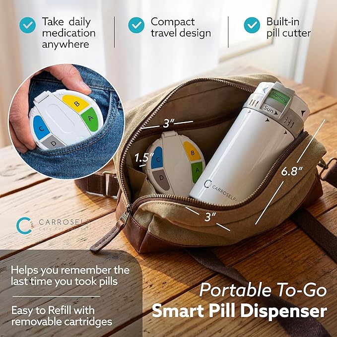 Pill Dispenser with Pill Cutter and App Reminder – Locked Vitamin Medication Dispenser & Portable Medicine Storage Box, Travel-Friendly Pill Organizer for Daily Medication Use | No Batteries Needed