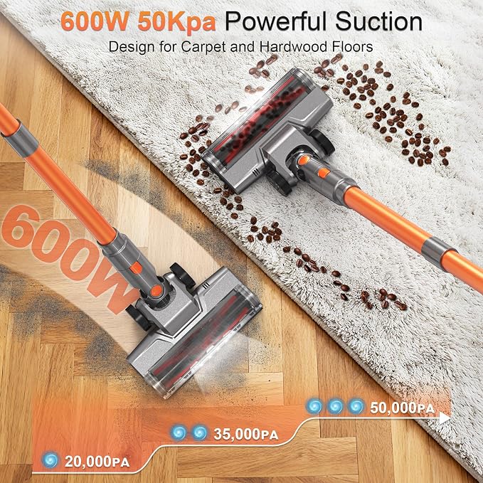 Zefiro Cordless Vacuum Cleaner, 600W 50KPA 55Mins Vacuum Cleaners for Home, Stick Vacuum with LED Display, Anti-Tangle, Wall Mount, Lightweight, Rechargeable Wireless Vacumm for Pet Hair (Orange)