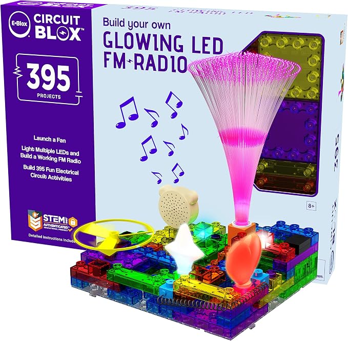 E-BLOX Build Your Own Glowing LED FM Radio Kit, 395 Fun STEM Electrical Science Projects, Building Blocks Circuit Toy Set for Kids, Birthday Gift, Boys, Girls, 8+