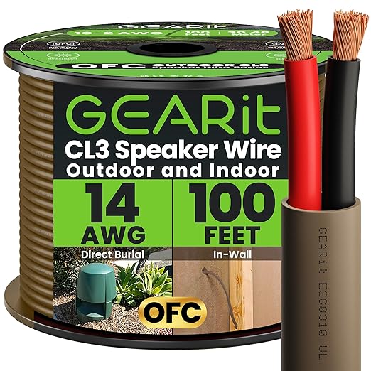 GEARit 14 Gauge OFC Speaker Wire 100 ft,Outdoor Speaker Wire UL CL3 Rated,Copper Wire with Polarity Mark,Audio Cable for in-Wall,Home,Car,Outdoor,Garden,Commercial Audio Systems(Brown,2-Conductors)