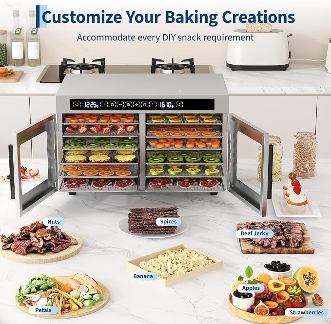 Dual-zone Food Dehydrator, 6x2 Stainless Steel Trays, 85-170°F Temperature | 520W Jerky Dehydrator with Independent Zone Control, 6.3 ft² Drying Space, 24H Timer, for Meat, Fruit, Veggies, Dog Snacks
