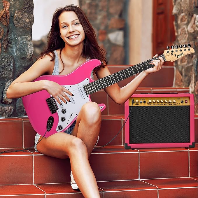 LyxPro 40 Watt Electric Guitar Amplifier | Combo Solid State Studio Amp with 8” 4-Ohm Speaker, Custom EQ Controls, Drive, Delay, ¼” Passive/Active/Microphone Inputs, Aux In & Headphone Jack - Pink