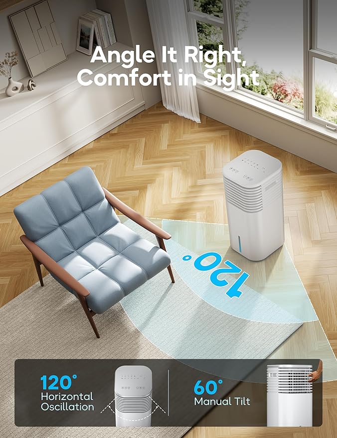 Windowless Portable Air Conditioner, 24.4" Small Evaporative Air Cooler for Room No Window, 3-Speed Settings, 4 Modes, 7H Timer, Remote Control, 4 Ice Packs, Quiet AC Unit for Bedroom, White