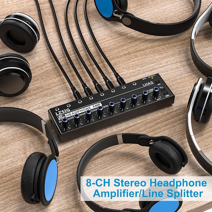 LZSIG Headphone Amplifier with Bass Boost, 8 Channel, 1 IN 8 OUT, DC 12V | Metal Stereo Audio Amplifier, Mini Earphone Splitter with Power Adapter, 1/4" & 1/8" TRS Headphones Output & TRS Audio Input
