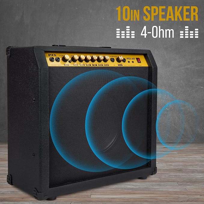 LyxPro 60 Watt Electric Guitar Amplifier | Combo Solid State Studio & Stage Amp with 10” 4-Ohm Speaker, Custom EQ Controls, Drive, Delay, ¼” Passive/Active/Microphone Inputs, Aux in & Headphone Jack
