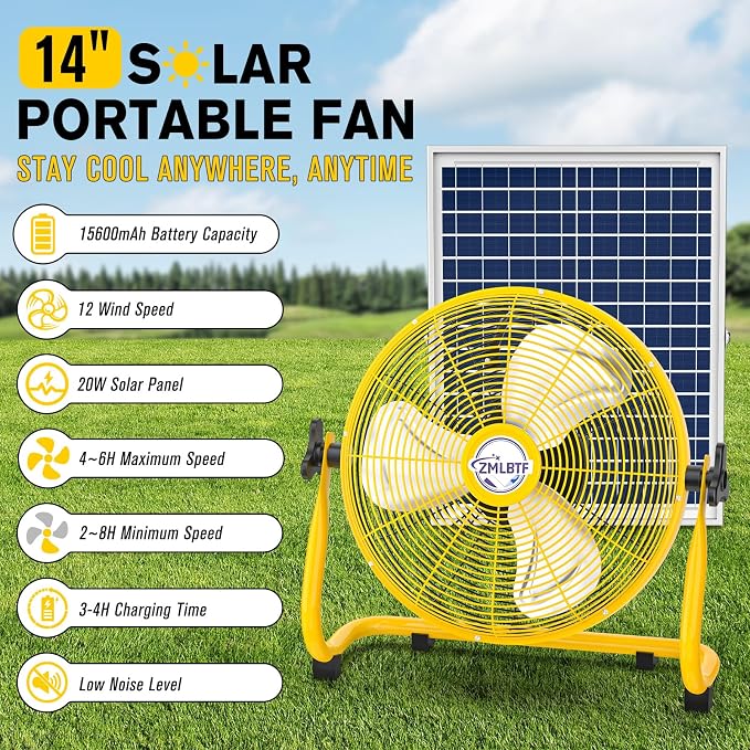 14" Solar Powered Fan with 20W Solar Panel & Rechargeable Battery, Portable, Quiet 12 Speed, 360° Tilt Head for Outside, Camping, Travel, Greenhouse, Chicken Coop, Patio, gazebo (Yellow)