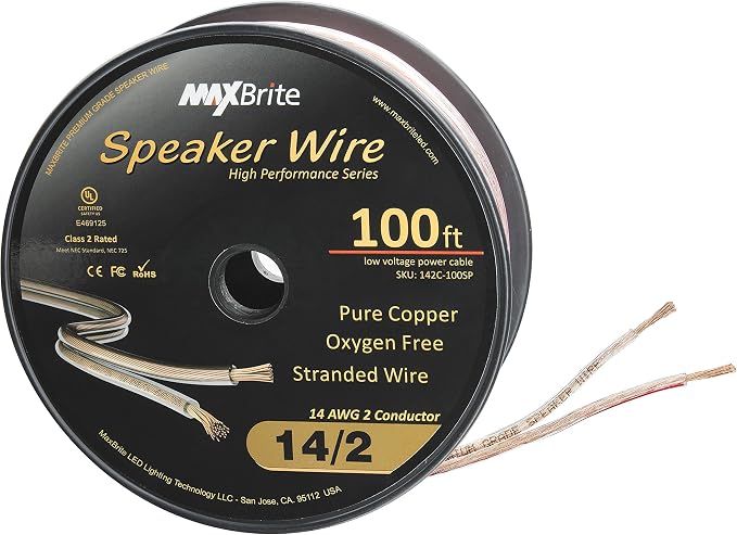 100 ft. Spool High Performance 14 Gauge Speaker Wire, Oxygen Free Pure Copper - UL Listed Class 2