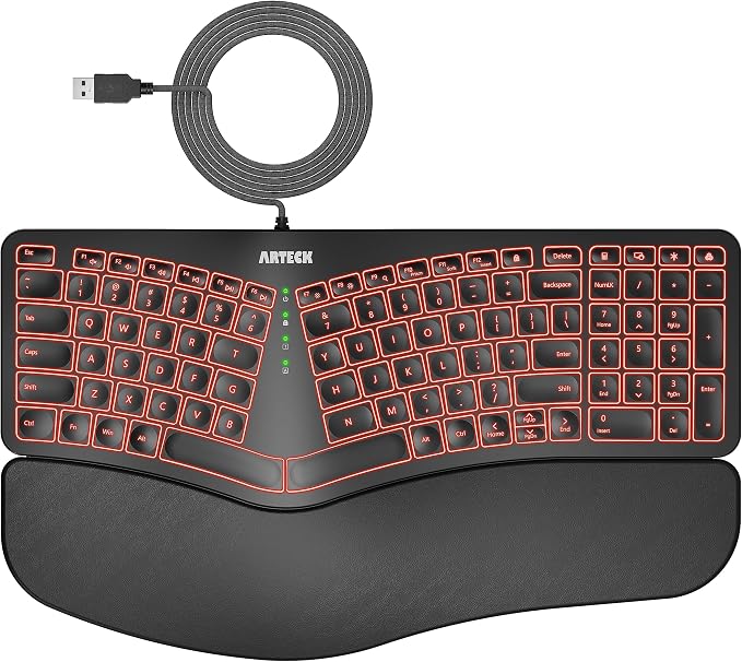 Arteck Ergonomic USB Wired Keyboard with Cushioned Wrist & Palm Rest, Backlit 7 Colors & Adjustable Brightness Comfortable Natural Split Keyboard with 6 Feet Wire for Windows Computer Desktop Laptop