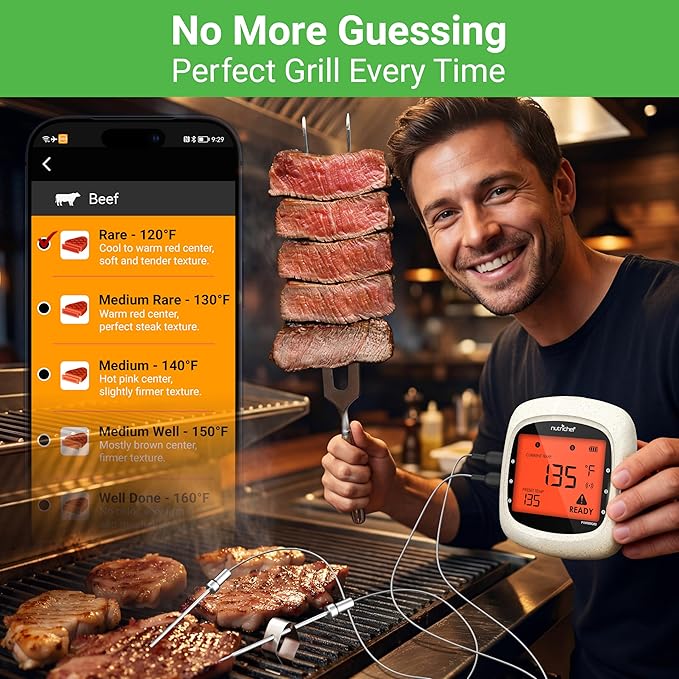 Nutrichef Bluetooth Meat Thermometer for Grilling and Smoking with 6 Wireless Meat Probes, 6 Channels with LCD Display