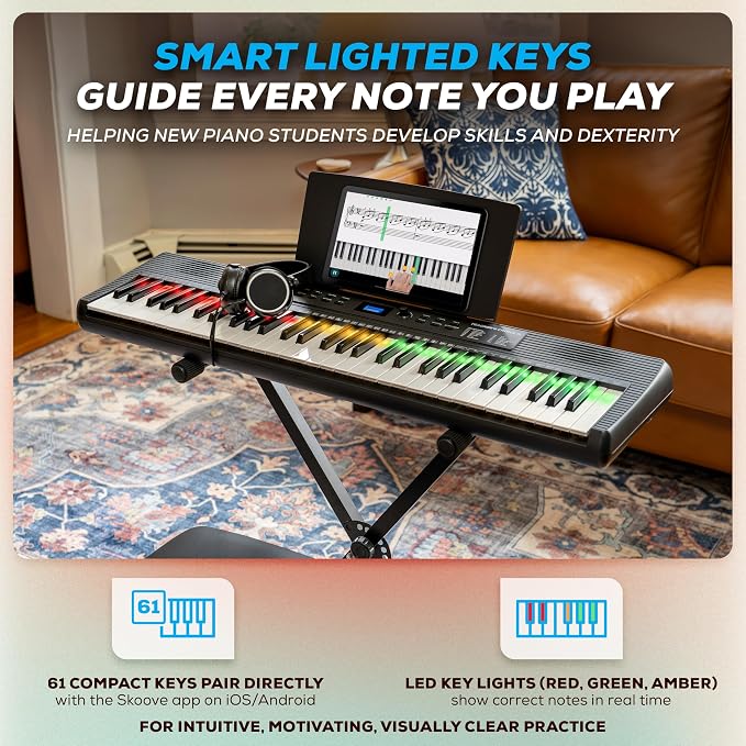 Alesis Teacher's Choice 61 Portable Keyboard Piano for Beginners with 61 Light Up Keys, 300 Sounds, Speakers, Stand, Bench, Headphones and Skoove Music Lessons