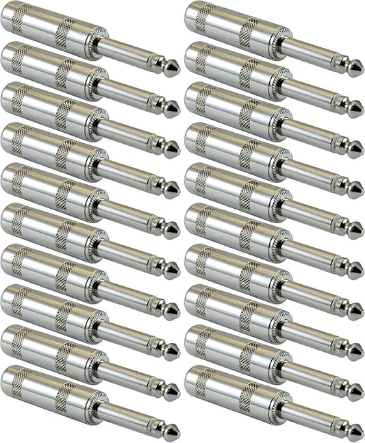 GLS Audio 1/4" Plugs for Speaker Cables, Patch Cables, Snakes - TS Male Mono 1/4 Inch Phono 6.3mm Phone Plug Bulk - 20 PACK