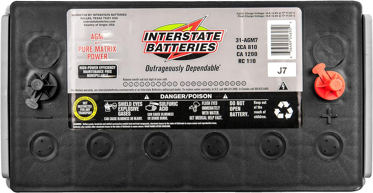 Interstate Batteries Heavy Duty Marine Deep Cycle Battery 12V 100Ah 925CCA (31-AGM7) Pure Matrix Power Commercial AGM Cranking Replacement (Group Size 31) GEM Cars, Yachts, Extra Fuel Tank Trucks