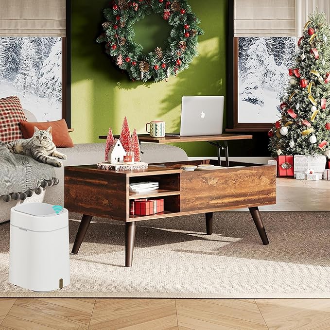 WLIVE Lift Top Coffee Table +Automatic Trash Can for Living Room, Small Coffee Table with Storage, Adjustable Shelf and Storage Compartment, Motion Sensor Trash Can for Living Room