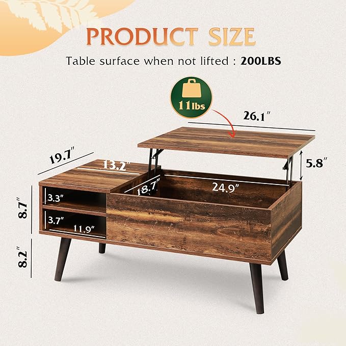 WLIVE Lift Top Coffee Table +Automatic Trash Can for Living Room, Small Coffee Table with Storage, Adjustable Shelf and Storage Compartment, Motion Sensor Trash Can for Living Room