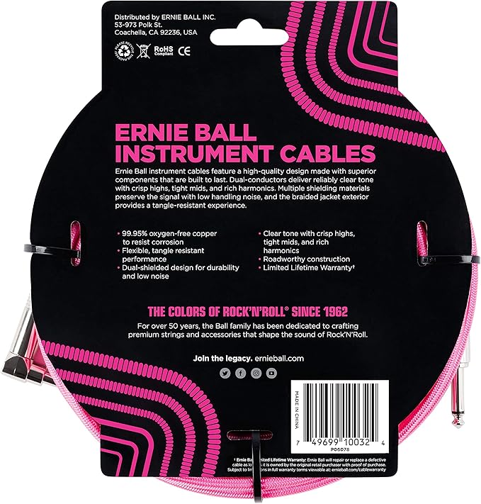 Ernie Ball Braided Instrument Cable, Straight/Angle, 10ft, Neon Pink (P06078)