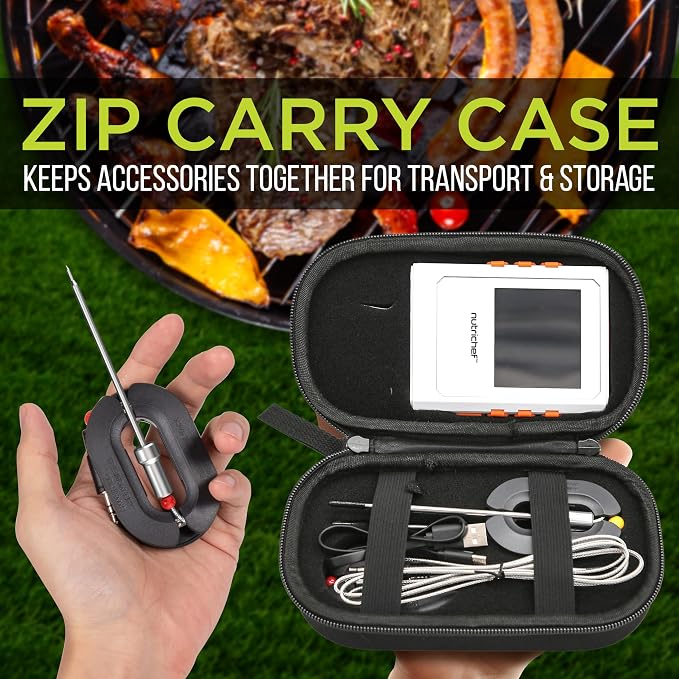 Nutrichef Wireless Meat Thermometer with 2 Stainless Steel Probes, Bluetooth and WiFi Smartphone App for Monitoring Food Temp and Remote Alerts, Digital Display, for Grilling and BBQ Smoking