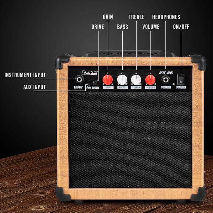 LyxPro Electric Guitar Amp 20 Watt Amplifier Built In Speaker Headphone Jack And Aux Input Includes Gain Bass Treble Volume And Grind - Natural