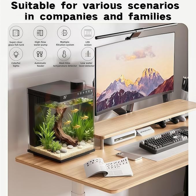 Fish Tank 4-Gallon Aquarium Set, Equipped with an Automatic Feeder, 8 Color Lighting Modes, an Automatic Three-in-one Silent Oxygen Pump, and a Temperature Display.