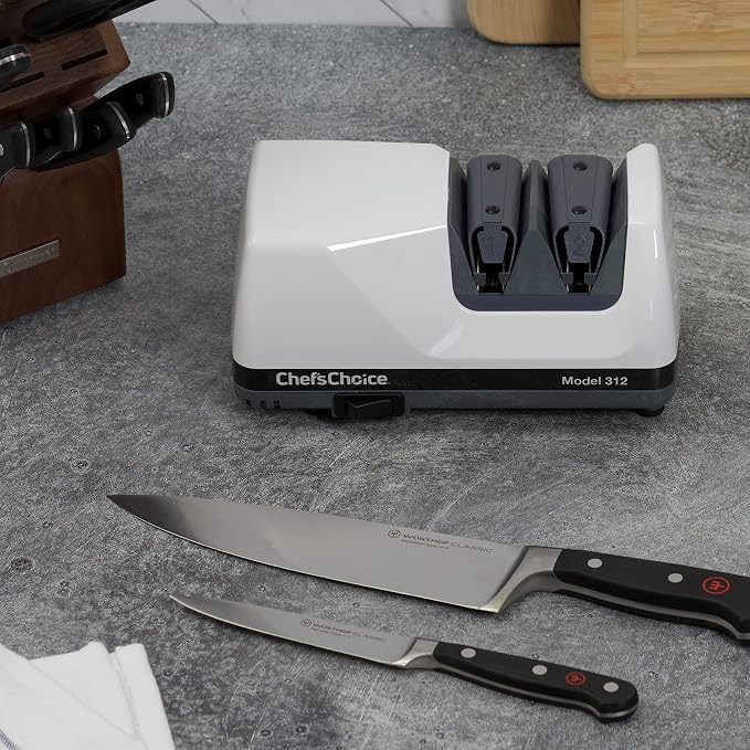 Chef'sChoice Professional Electric Knife Sharpeners UltraHone With 100-Percent Diamond Abrasives And Precision Angle Guides For 20-Degree Straight-Edge and Serrated Knives, 2-Stage, White