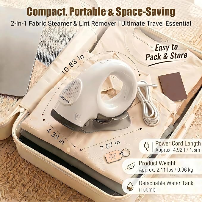 Vacuum Steamer,2-in-1 Handheld Garment Steamer,3500Pa Suction for Fabric Grip, 30s Fast Heat Up Portable Travel Steamer with 150ml Tank,Whit