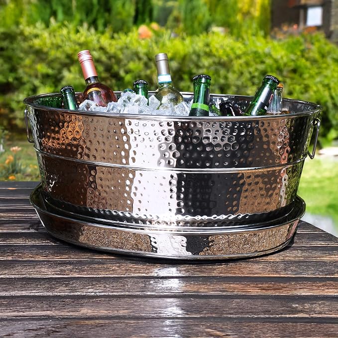 BREKX Aspen Stainless Steel Silver Beverage Tub with Stainless Steel Serving Tray - Heavy-Duty Metal Ice and Drink Bucket for Parties, Large Champagne Bucket with Tray for Mimosa Bar Supplies