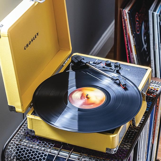 Crosley CR8005F-LY Cruiser Plus Vintage 3-Speed Bluetooth in/Out Suitcase Vinyl Record Player Turntable with Built-in Speakers, Lemon Yellow