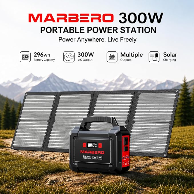 MARBERO Solar Generator 296Wh with Solar Panels 60W Portable Power Station with 300W Pure Sine Wave Solar Generator with Panels Included USB DC AC Outlet for Camping RV Van Outdoor Emergency Home