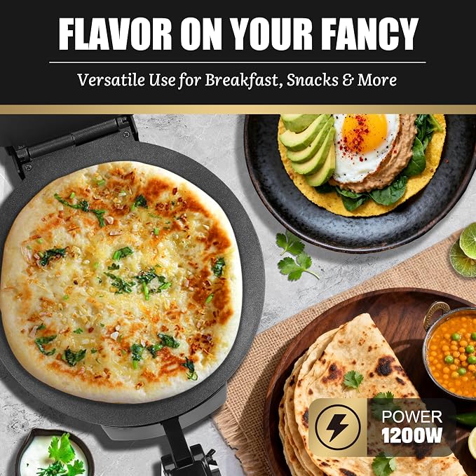 FineMade Compact 10'' Roti Maker Machine, Electric Tortilla Press with Detachable Handle, Prensa Para Tortillas,Chapati Maker Machine, Burrito Maker, Tortillera, Black