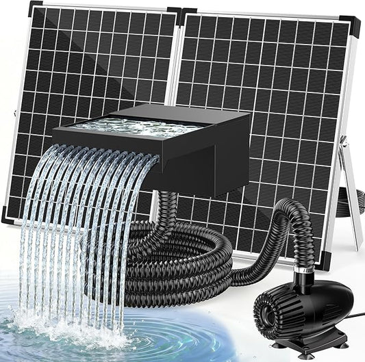 POPOSOAP 55W Solar Pond Waterfall Spillway with Pond Pump, Pond Spillway with 304 Stainless Steel & Filtration System & 9.8FT Tube for Pond Fountain Waterfall Garden Water Features-P5552S