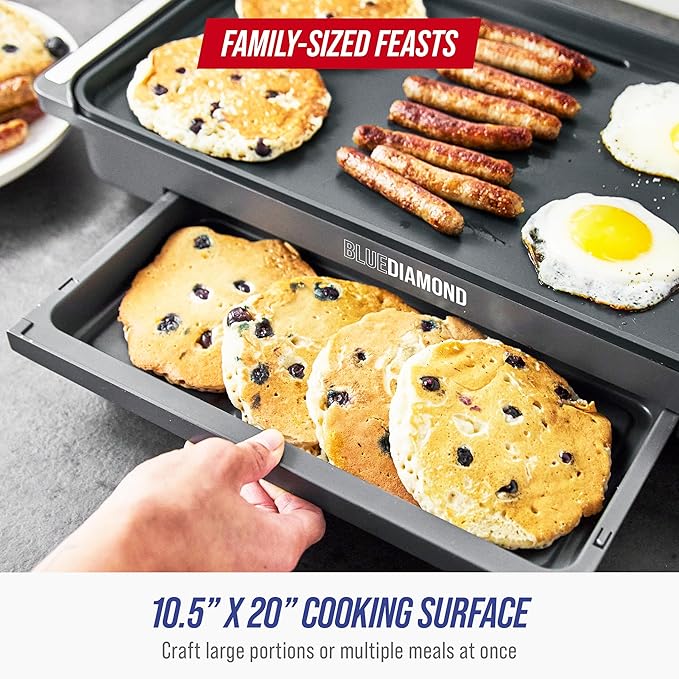 Blue Diamond XL Electric Griddle, 10" x 20" Ceramic Nonstick Surface, Temperature Control, Warming Drawer, Removable Drip Tray, Flat Top Grill/Griddle, Breakfast, Burger, Eggs, Easy Clean, Graphite