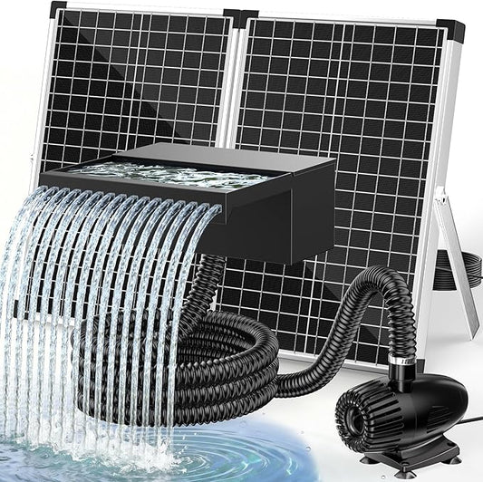 POPOSOAP 70W Solar Pond Waterfall Spillway with Pond Pump, Pond Spillway with 304 Stainless Steel & Filtration System & 9.8FT Tube for Pond Fountain Waterfall Garden Water Features-P5703S