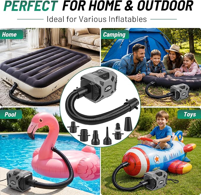 600W Electric Air Pump for Inflatables, High Power Air Mattress Pump with 6 Nozzles, Quick Inflate & Deflate Air Pump for Pool Floats, Vacuum Storage Bags, Swim Rings, Inflatable Toys