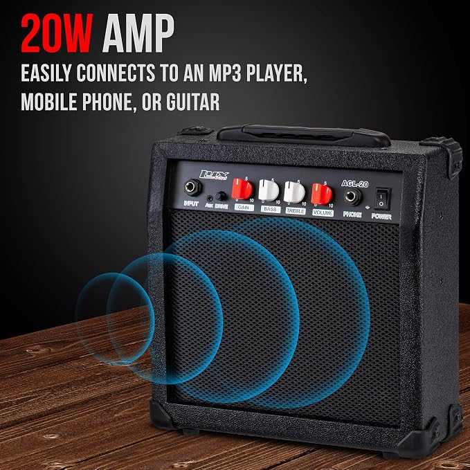 LyxPro Electric Guitar Amp 20 Watt Amplifier Built in Speaker Headphone Jack and Aux Input Includes Gain Bass Treble Volume and Grind - Black