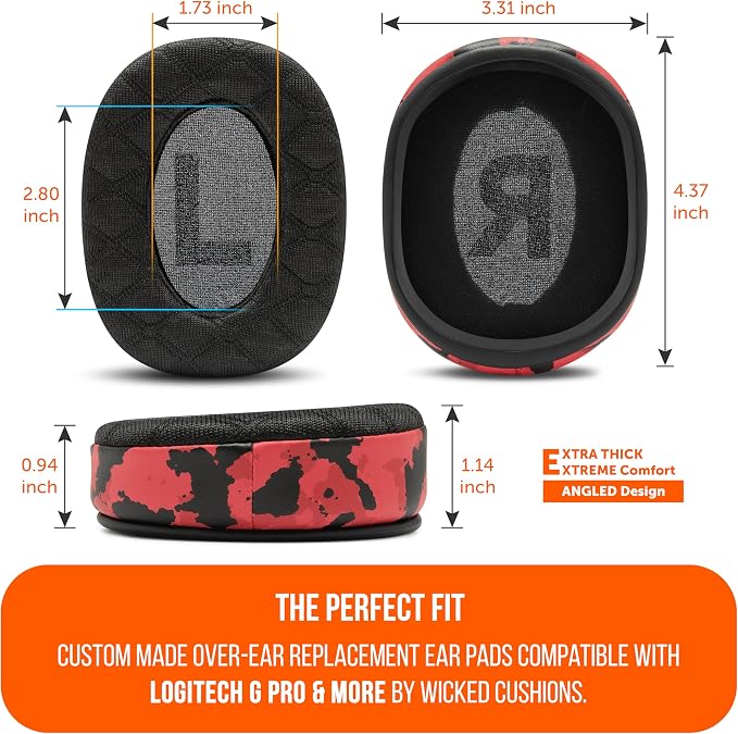 WC Freeze V2 G PRO X – Angled Cooling Gel Earpads Compatible with Logitech G Pro X Series by Wicked Cushions | Angled Pads for Extreme Comfort, New Freeze V2 Cooling Fabric, Extra Thick | Red Camo