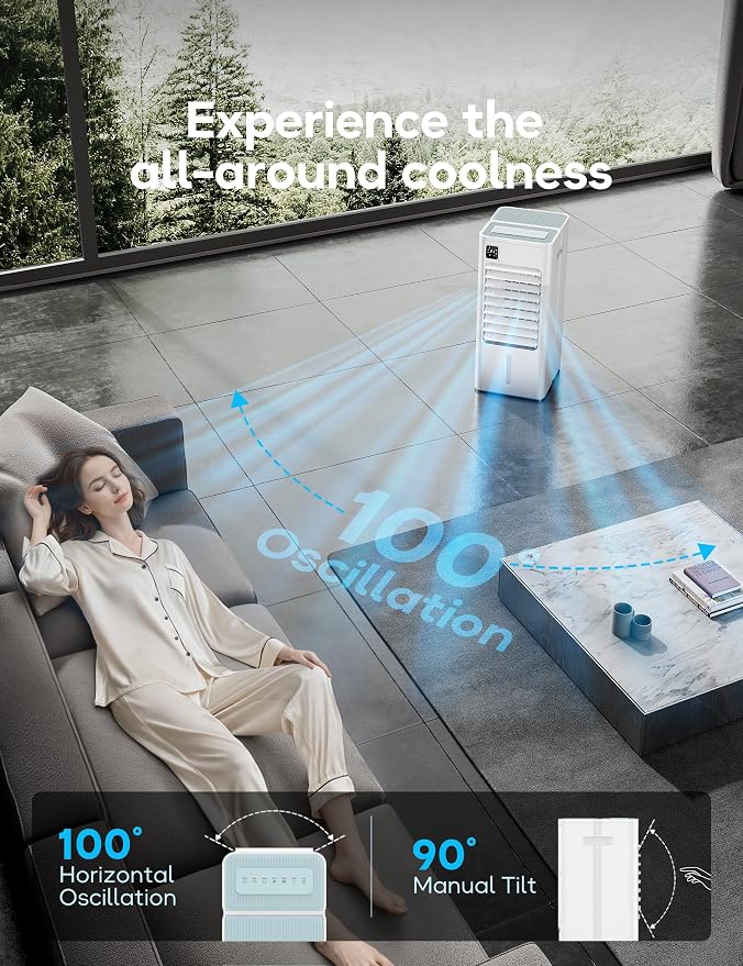 Portable Air Conditioner, Evaporative Air Cooler Windowless with Remote, 3 Speeds, 12H Timer, Oscillating Swamp Cooler for Bedroom, Living Room, White