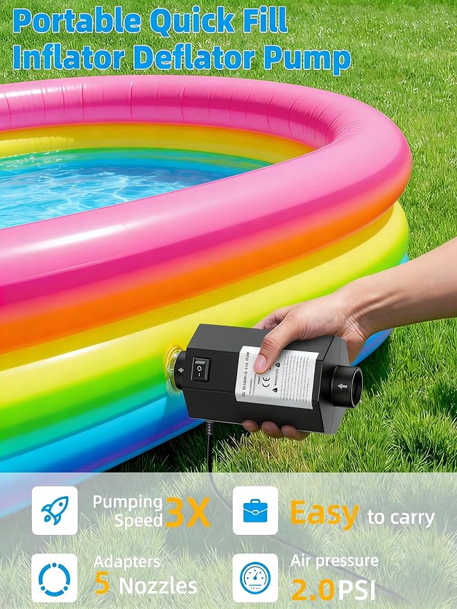 Electric Air Pump for Pool Floats: Compact Quick-Fill Inflator Deflator for Inflatables Pool Toys, Air Mattress Bed Raft Track Mat, AC 110-120V with 5 Nozzles