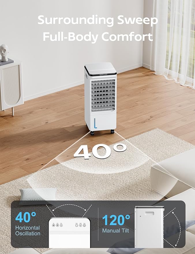 Portable Air Conditioners, 3-IN-1 Evaporative Air Cooler, Swamp Coolers w/ 3Ice Pack, 1.85 Gal Water Tank, 4 Modes, 80° Oscillation, 7H Timer, Portable Ac for Bedroom, Room Pearl