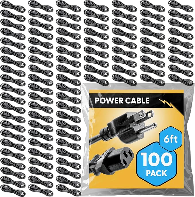 UL Approved 6ft Universal Power Cord (100 Pack) - IEC C13 to NEMA 5-15P Computer Monitor Cable for IT Departments, Data Centers & Bulk Purchasing - 18AWG 10A 125V