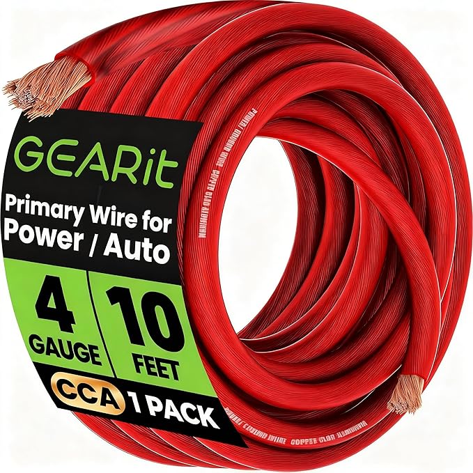 GEARit 4 Gauge Wire 10 ft Red, 4 AWG Battery Cable CCA, Copper-Clad Aluminum Power Cable for Car Audio Amp, Automotive, RV