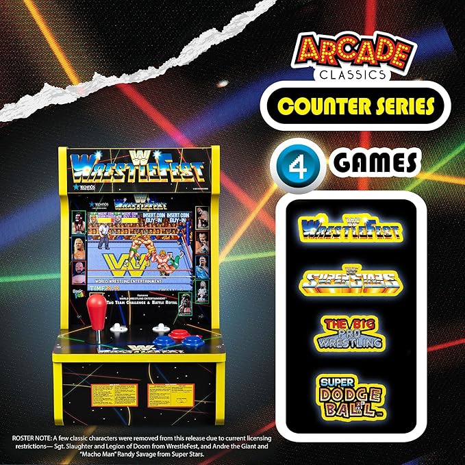 Arcade Classics - WWE Counter Series Game Machine, 4 Games, 8" Liquid Crystal Screen - Mini Cabinet, Portable Gaming, Retro, Countertop Console, Basement Decoration, Man Cave
