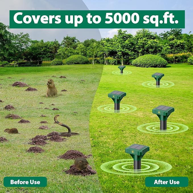 8 Pack Mole Repellent Solar Powered, IP65 Waterproof Gopher Chipmunk Repeller Outdoor, Groundhog Snake Repellent for Yard, Sonic Mole and Vole Deterrent Spikes, Effective Lawn and Garden Protection