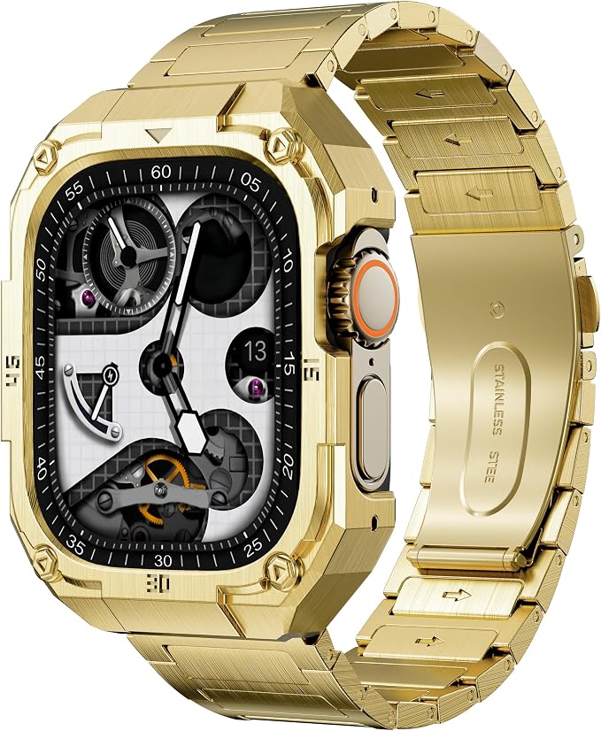 Mechanical Metal Watch Case with Band, Apple Watch 11/10 46mm, Gold | Rugged Military Stainless Steel, Protective Bumper Cover, Tough Business Band, For Men